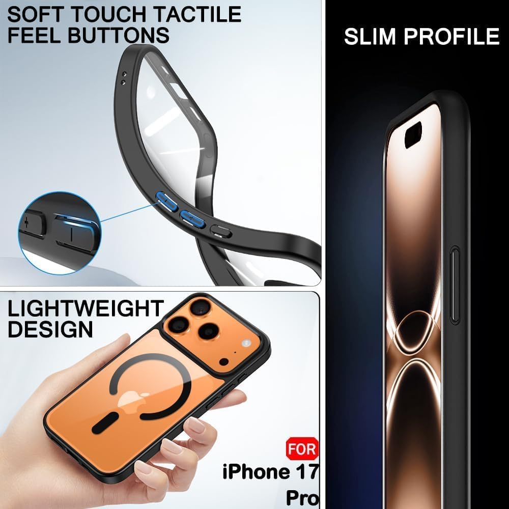Slim black TPU case with soft-touch buttons and clear back; lightweight fit