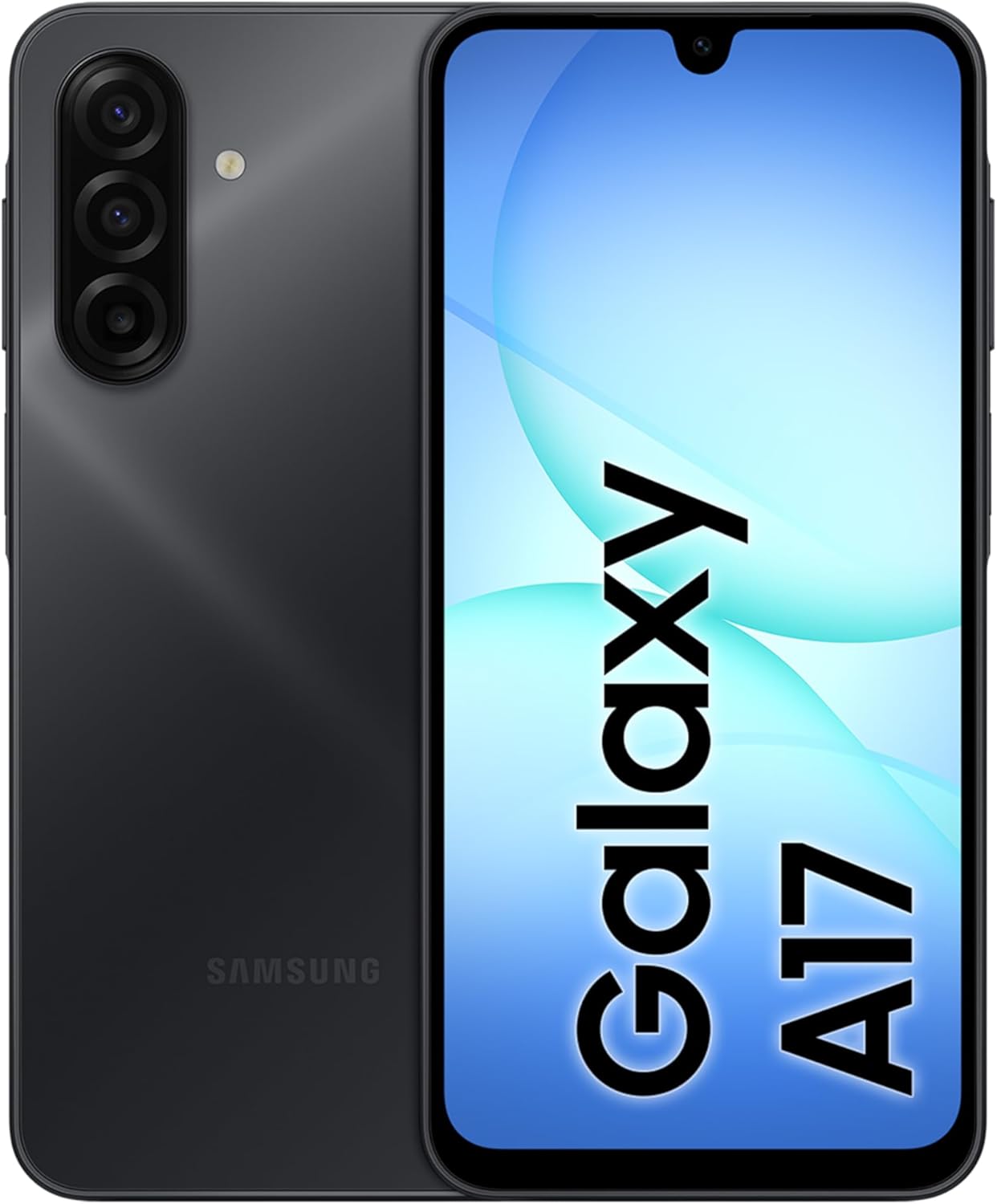 Galaxy A17 LTE smartphone in black, close view of front screen and rear cameras