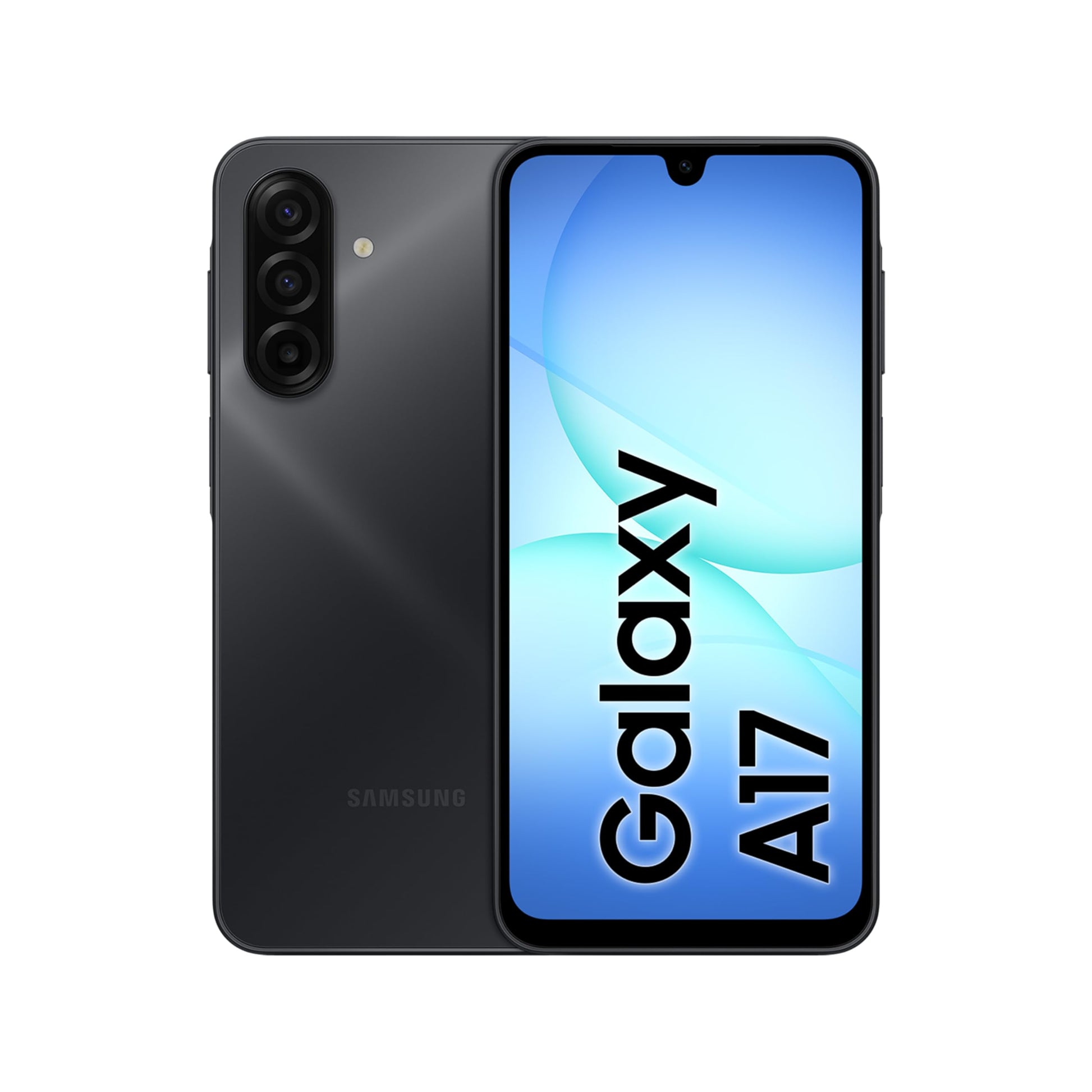 Galaxy A17 LTE smartphone in black, front display and rear triple-camera layout