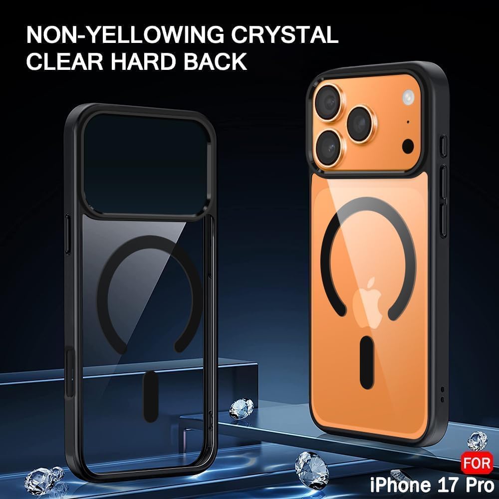 Clear hard back phone case with black frame, camera openings, MagSafe-compatible ring