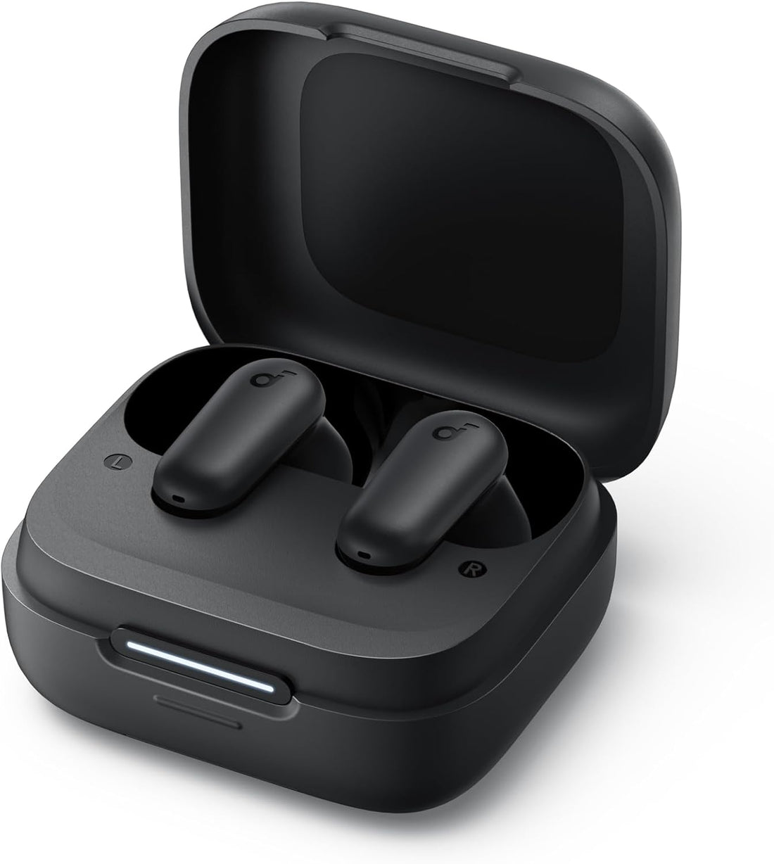 Soundcore true wireless earbuds with open black charging case and two earbuds