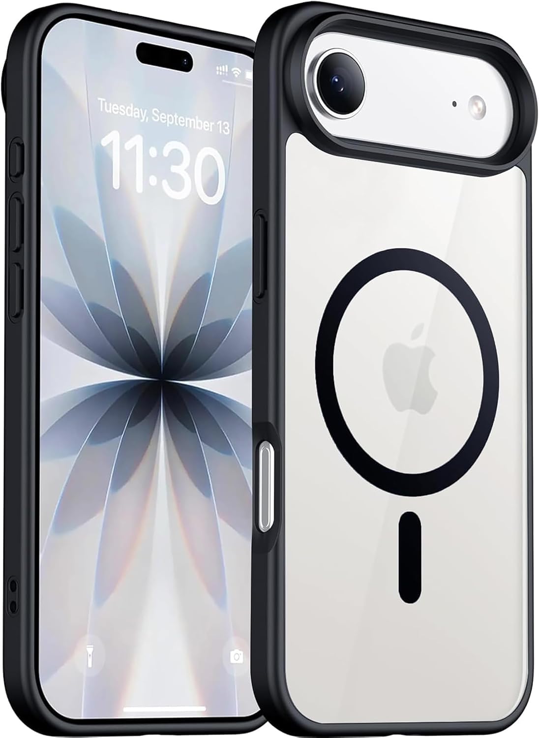 Front and back of clear case with black TPU border and MagSafe ring; camera cutout