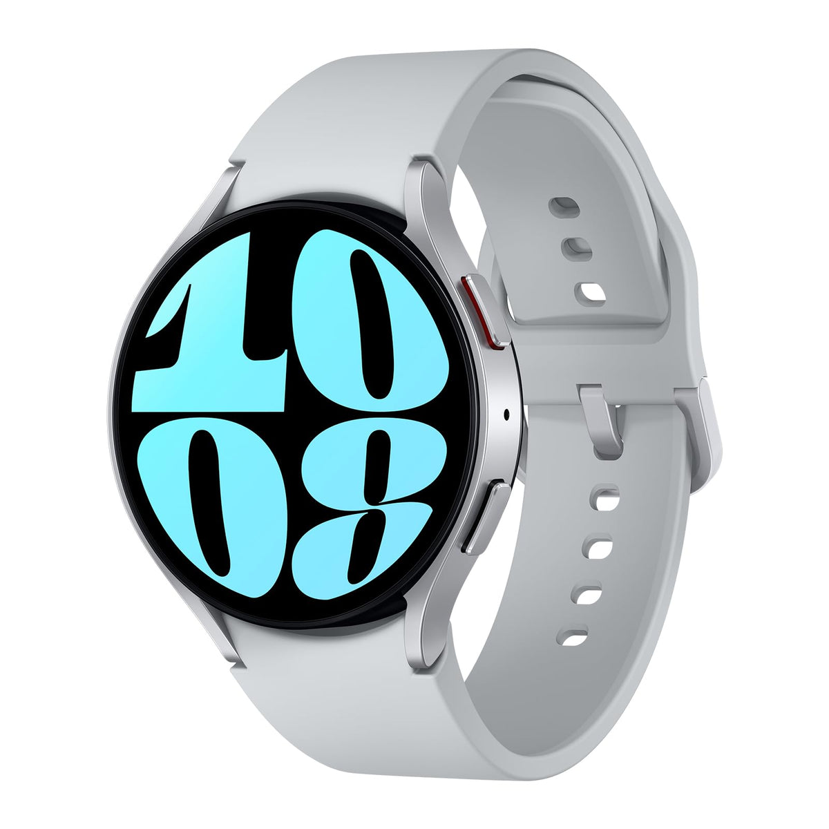 Silver smart watch with neon blue digital display and light gray strap