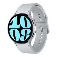 Silver smart watch with neon blue digital display and light gray strap
