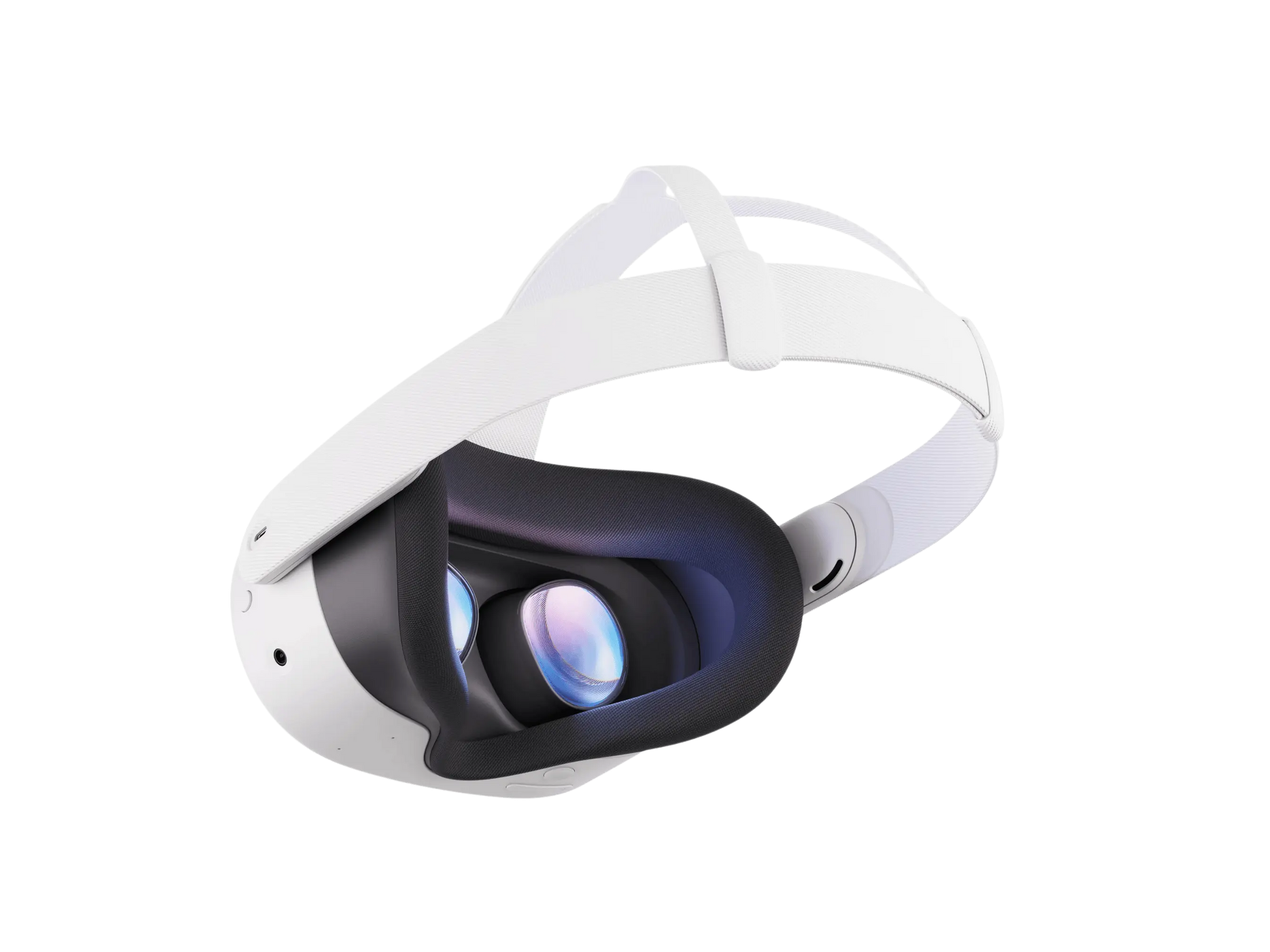 White VR headset with front lenses visible, side angle view