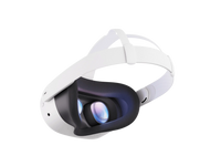 White VR headset with front lenses visible, side angle view