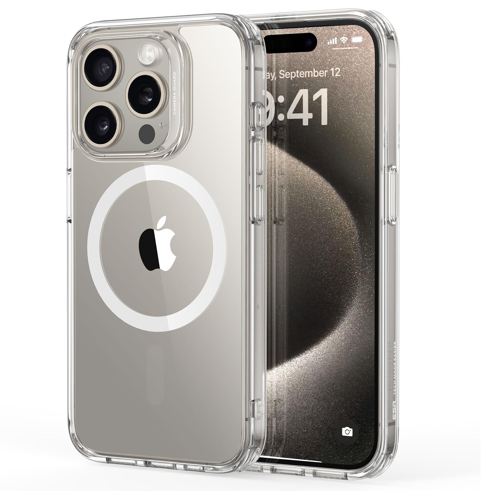 Clear MagSafe iPhone 15 case, back and front protection with MagSafe ring detail