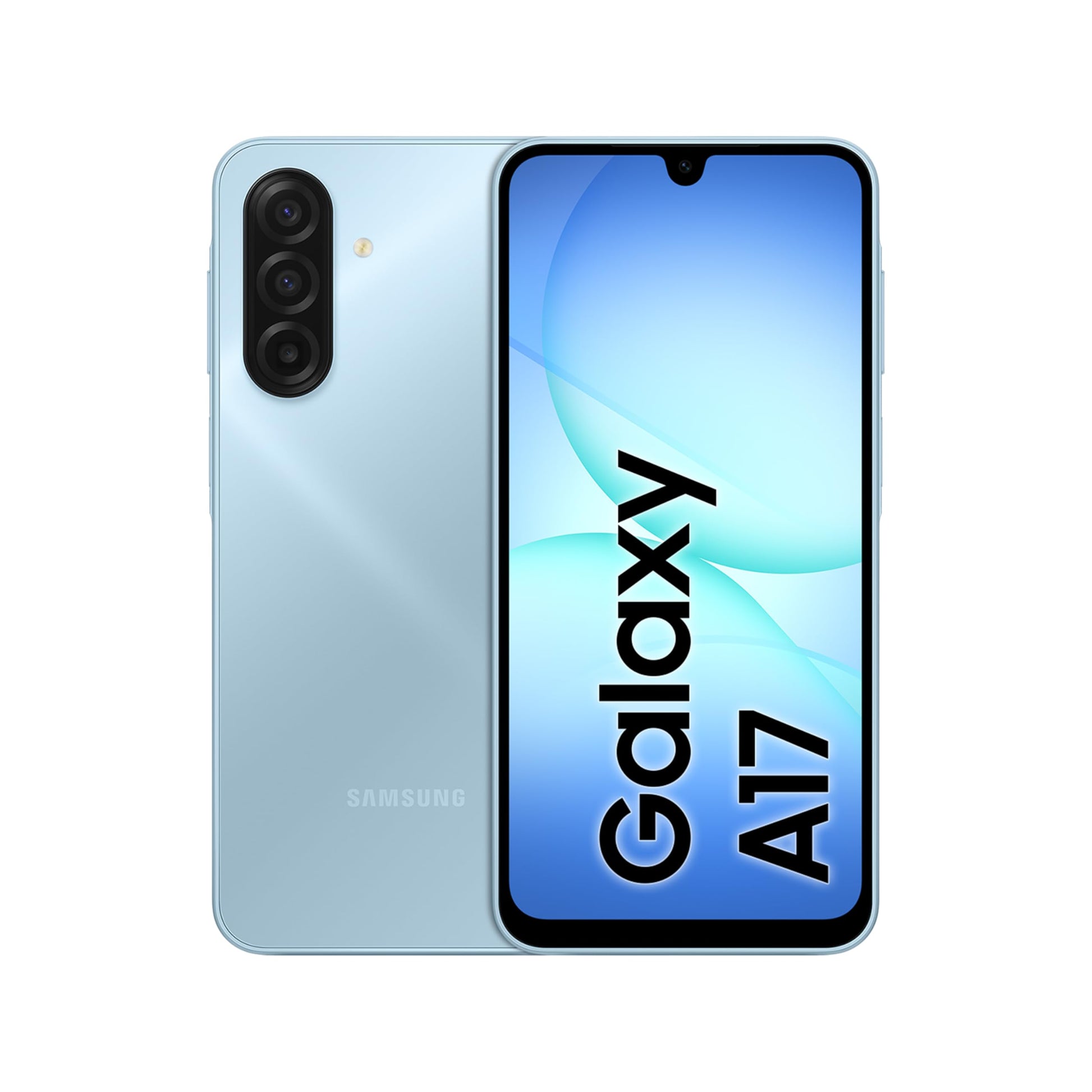 Galaxy A17 LTE smartphone in light blue, front display and back triple camera