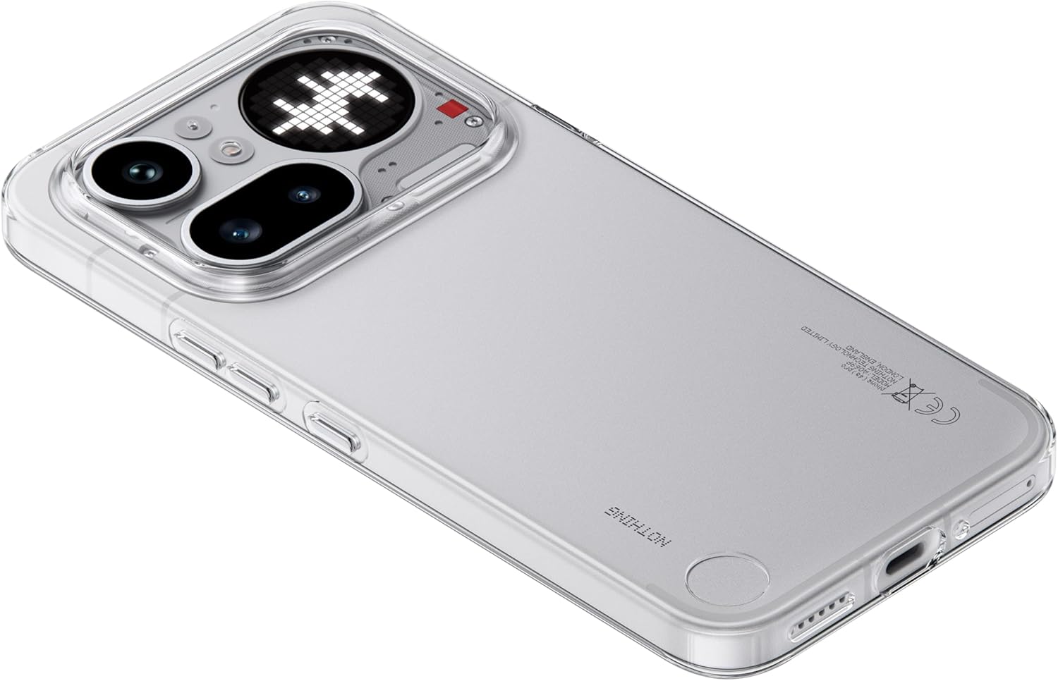 Silver/white Nothing Phone 4a Pro 5G in clear protective case, rear cameras and Glyph