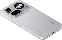 Silver/white Nothing Phone 4a Pro 5G in clear protective case, rear cameras and Glyph