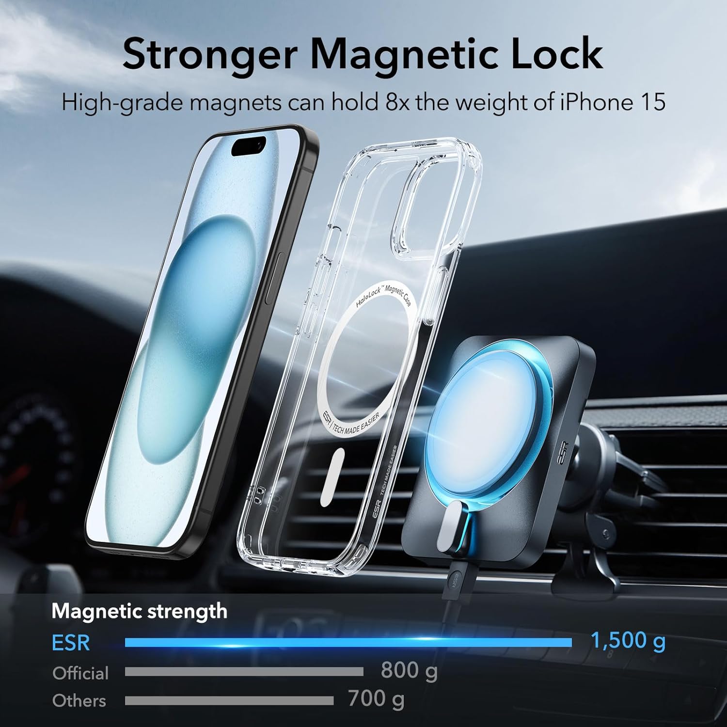 Clear iPhone MagSafe case shown on a phone with front screen, MagSafe ring on back