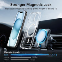 Clear iPhone MagSafe case shown on a phone with front screen, MagSafe ring on back
