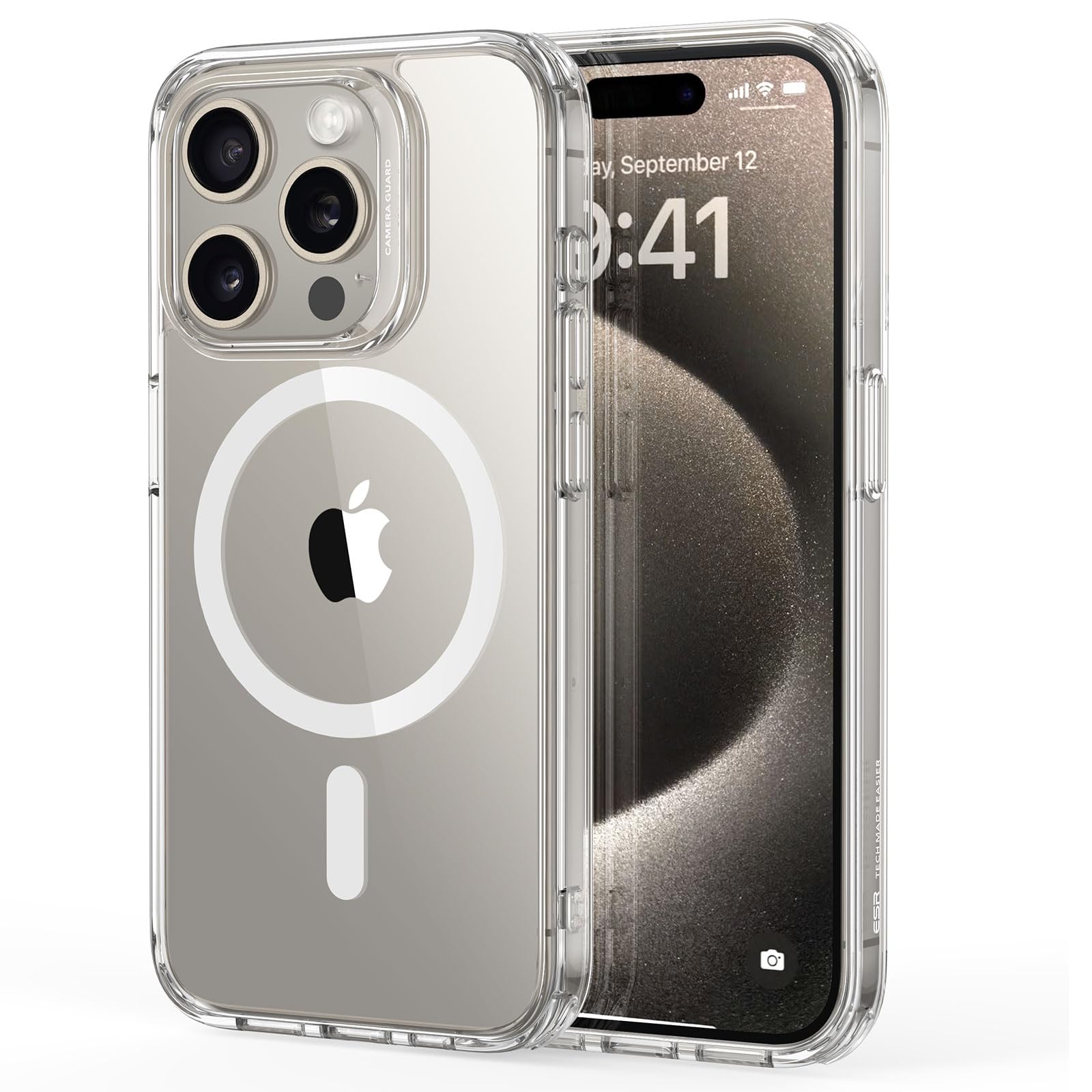 Clear MagSafe iPhone 15 case with Apple logo ring, transparent sides and camera openings