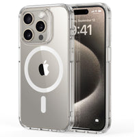 Clear MagSafe iPhone 15 case with Apple logo ring, transparent sides and camera openings