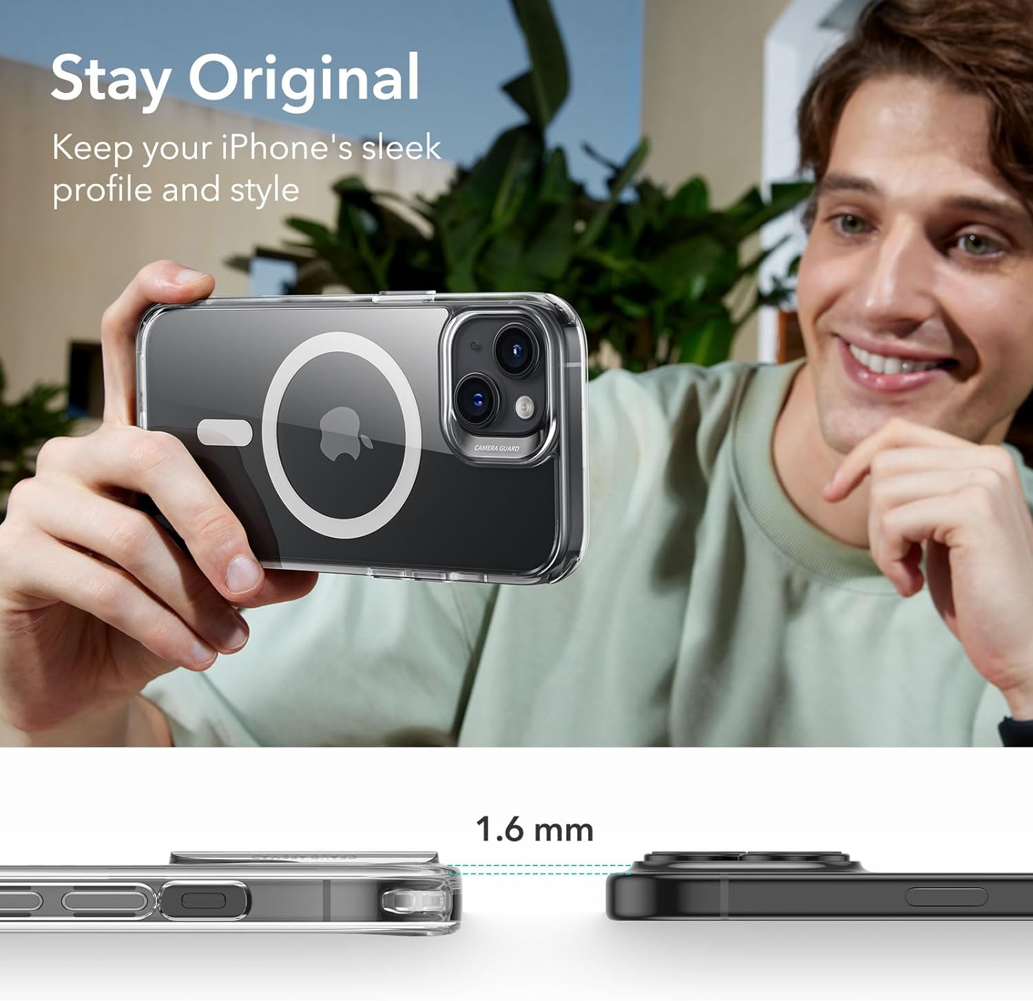 Clear MagSafe iPhone case with MagSafe ring panel on back, thin transparent bumper
