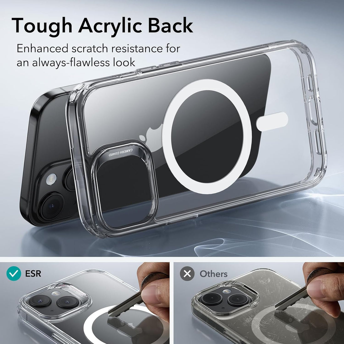 Clear iPhone 15 MagSafe case, transparent back and sides, large MagSafe ring cutout