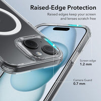 Clear MagSafe iPhone 15 case close-up: camera guard and raised rim around lens