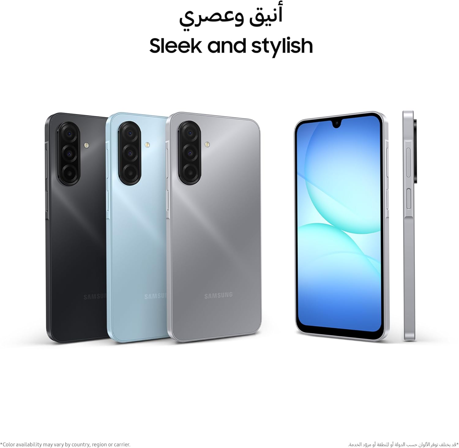 Galaxy A17 LTE in black, light blue, and gray with front and side views