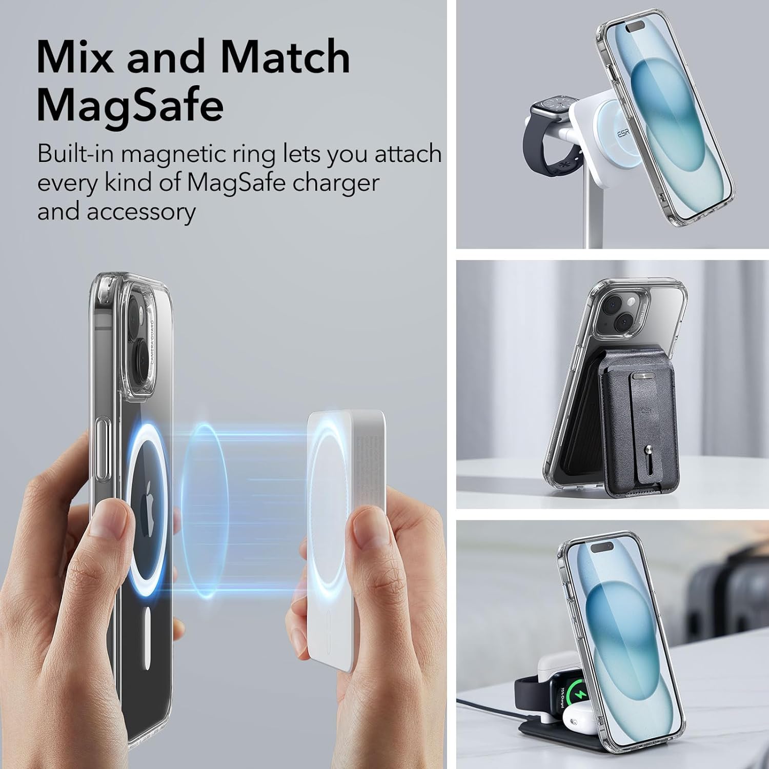 Clear MagSafe iPhone 15 case attached to a magnetic car mount, transparent protective shell