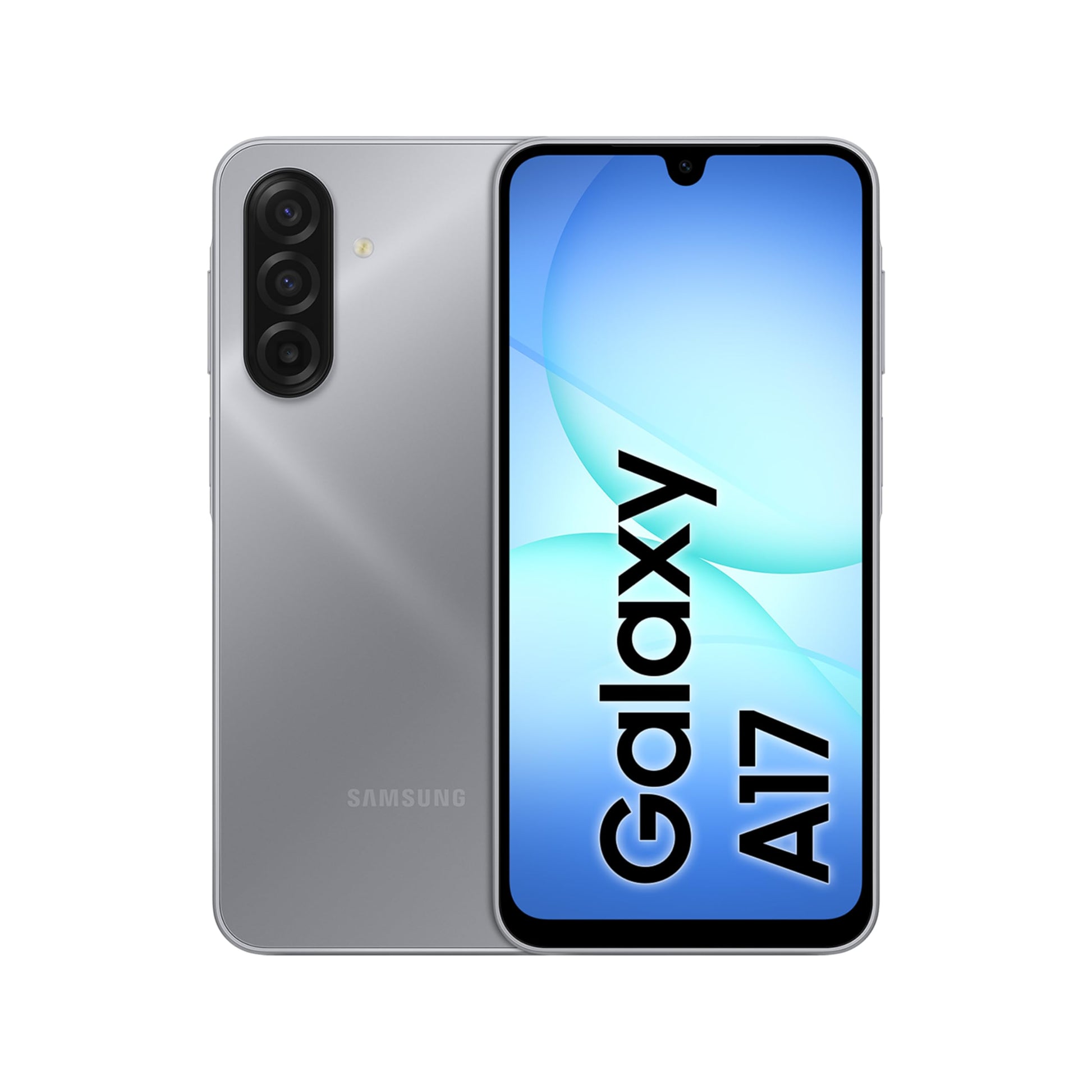 Galaxy A17 LTE smartphone in gray, front display and rear triple-camera layout