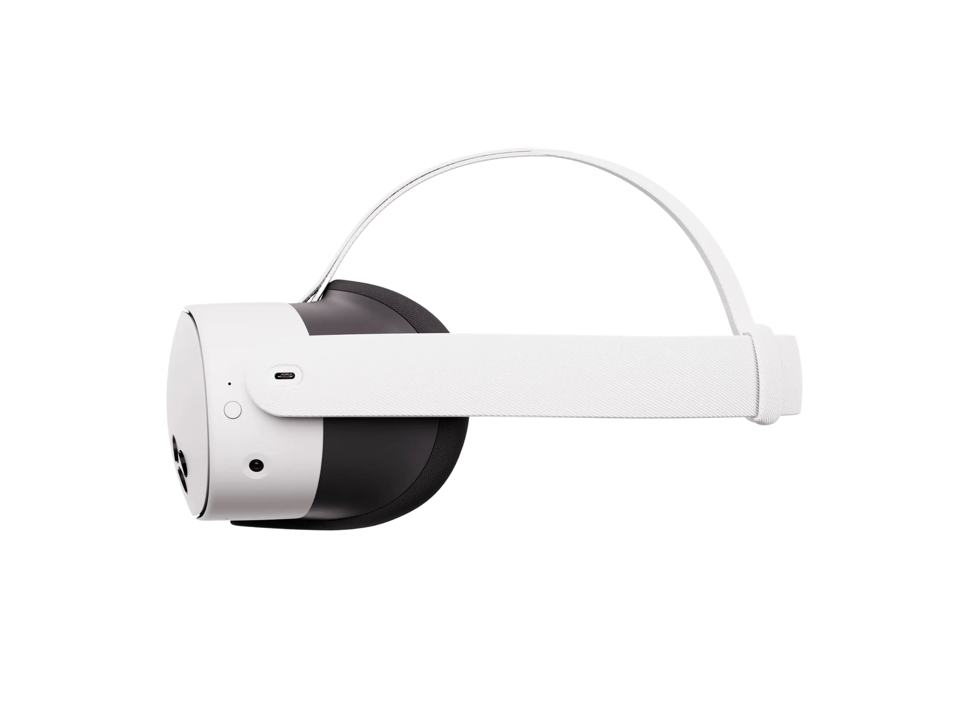 White VR headset with side panel and lenses visible, profile view