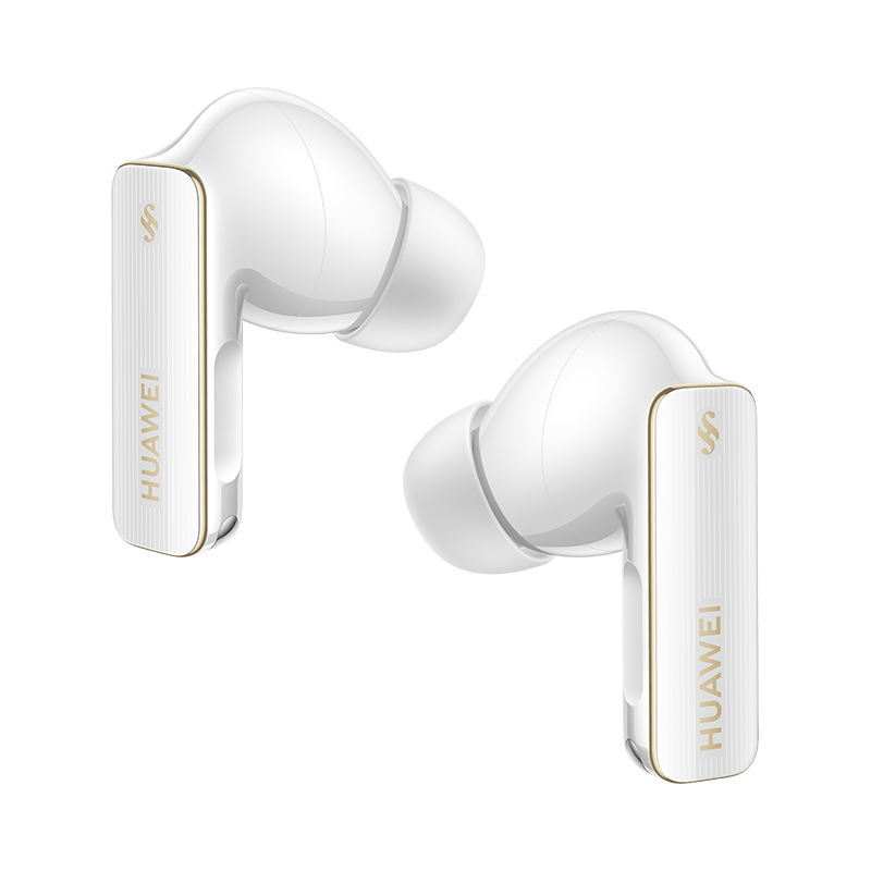 White wireless earbuds with ANC, gold-accented stem and earpiece tips