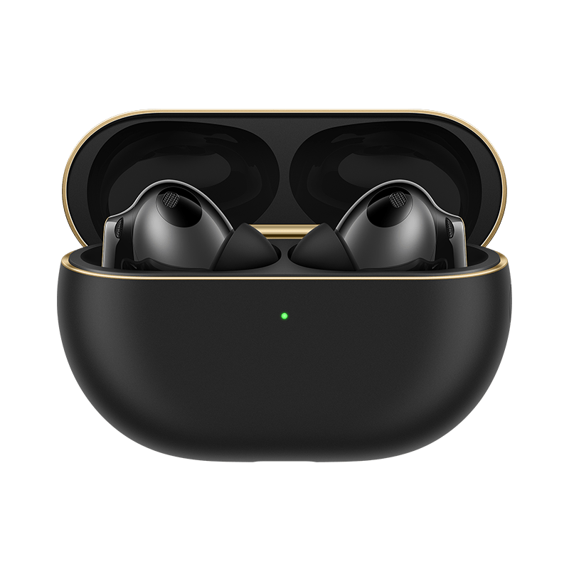 Black earbuds seated in open charging case, wire-free design with ANC