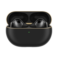 Black earbuds seated in open charging case, wire-free design with ANC