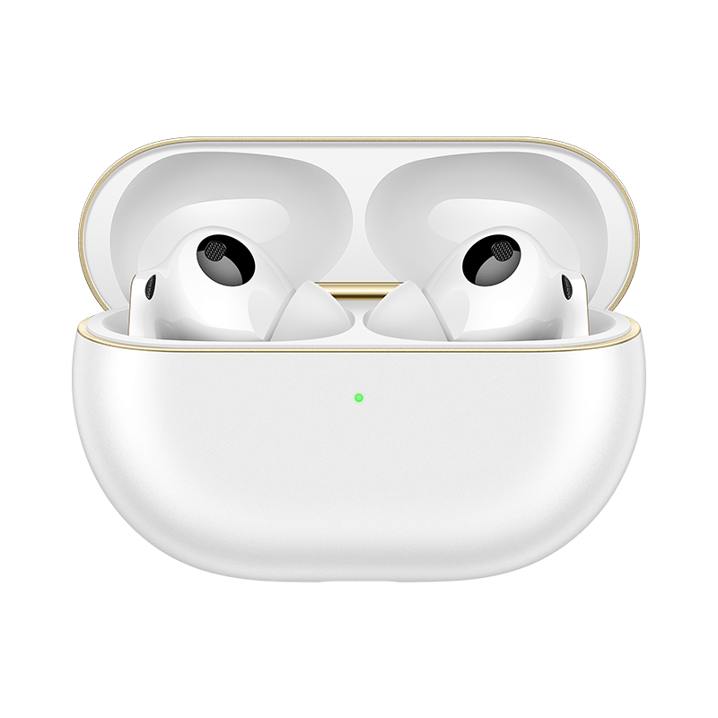 White charging case with earbuds, gold trim; black mic grilles visible