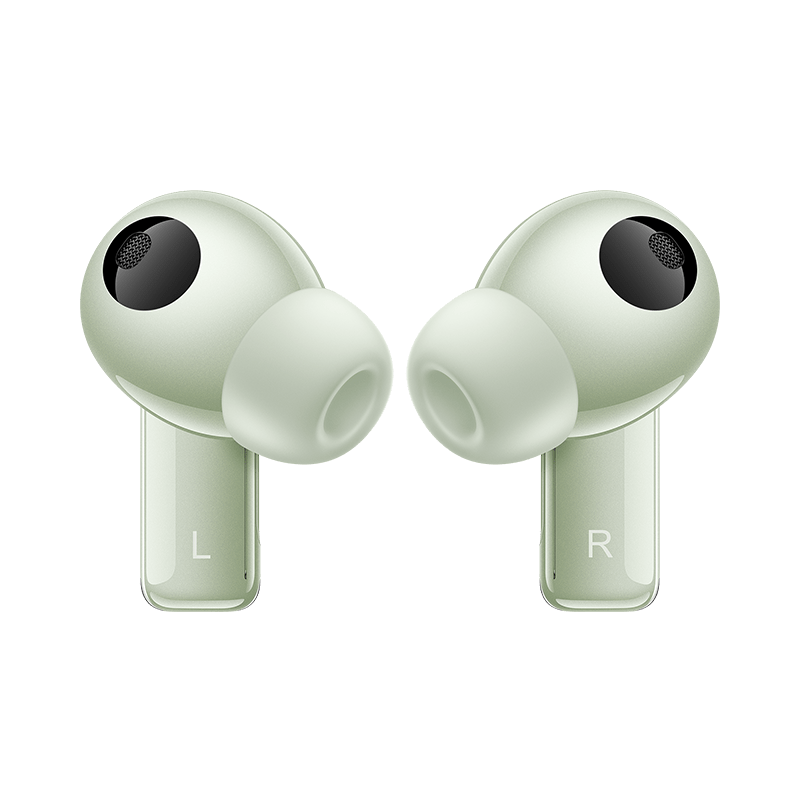 Green in-ear earbuds with L/R labels, mesh microphone grilles