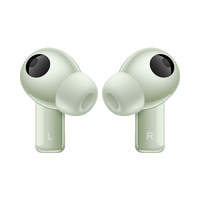 Green in-ear earbuds with L/R labels, mesh microphone grilles