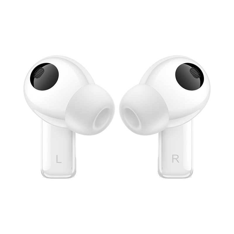 White earbuds with L/R labels and black speaker grilles