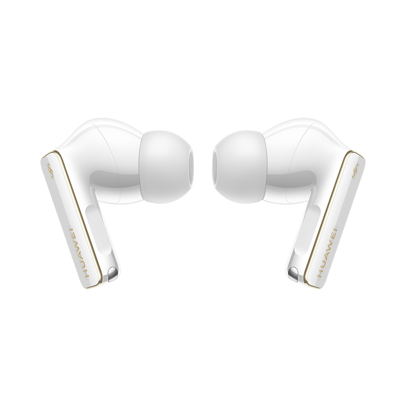 Pair of white wireless earbuds with gold-accented stems, angled side view
