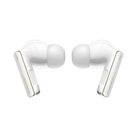Pair of white wireless earbuds with gold-accented stems, angled side view