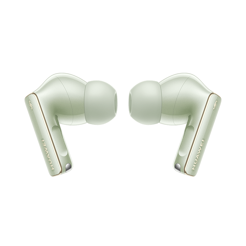 Green wireless earbuds pair, left and right ear tips facing forward