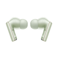 Green wireless earbuds pair, left and right ear tips facing forward