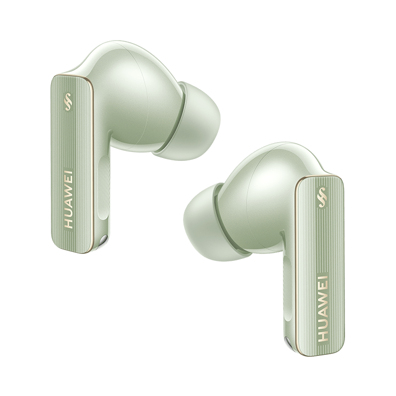 Green wireless earbuds with charging case, glossy earbuds and silicone eartips