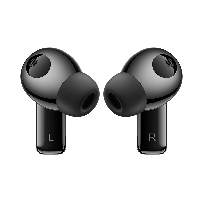 Black in-ear earbuds, left and right marked, eartips and grille mics visible