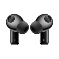 Black in-ear earbuds, left and right marked, eartips and grille mics visible
