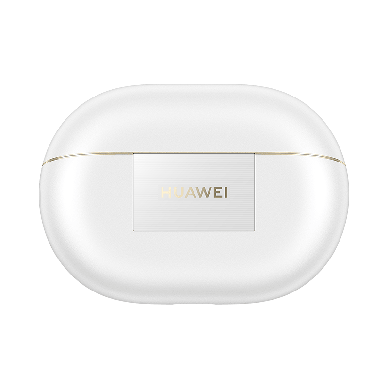 White charging case lid with gold trim and gold front logo