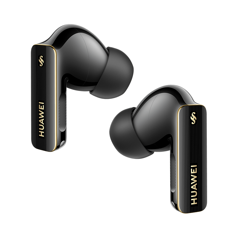 Black wireless earbuds with ANC, charging case and two earbud tips