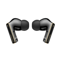 Black wireless earbuds pair with charging case pieces, in-ear silicone tips