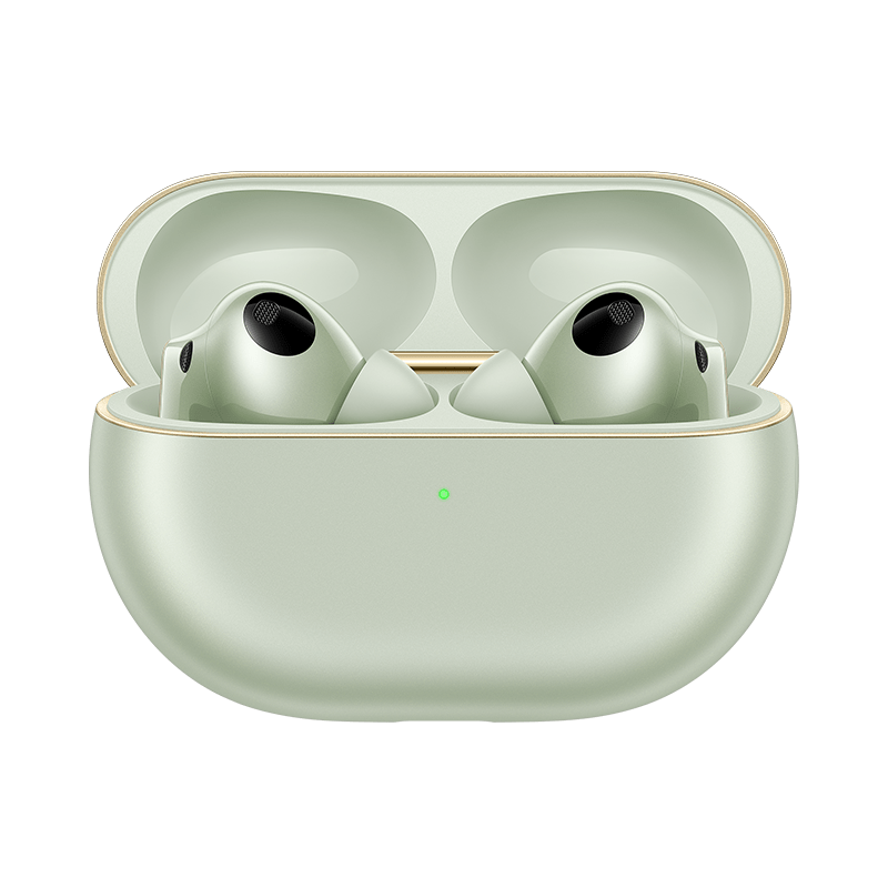 Green earbuds in open charging case, two earbud grills visible