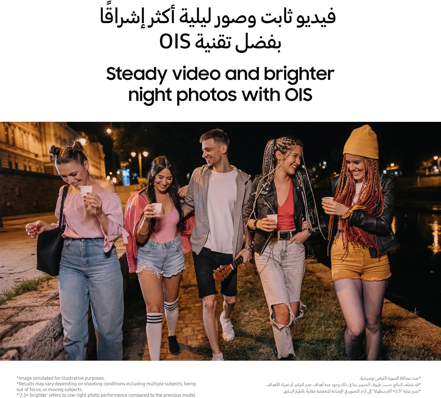 Group outdoors viewing smartphones at night; screens lit