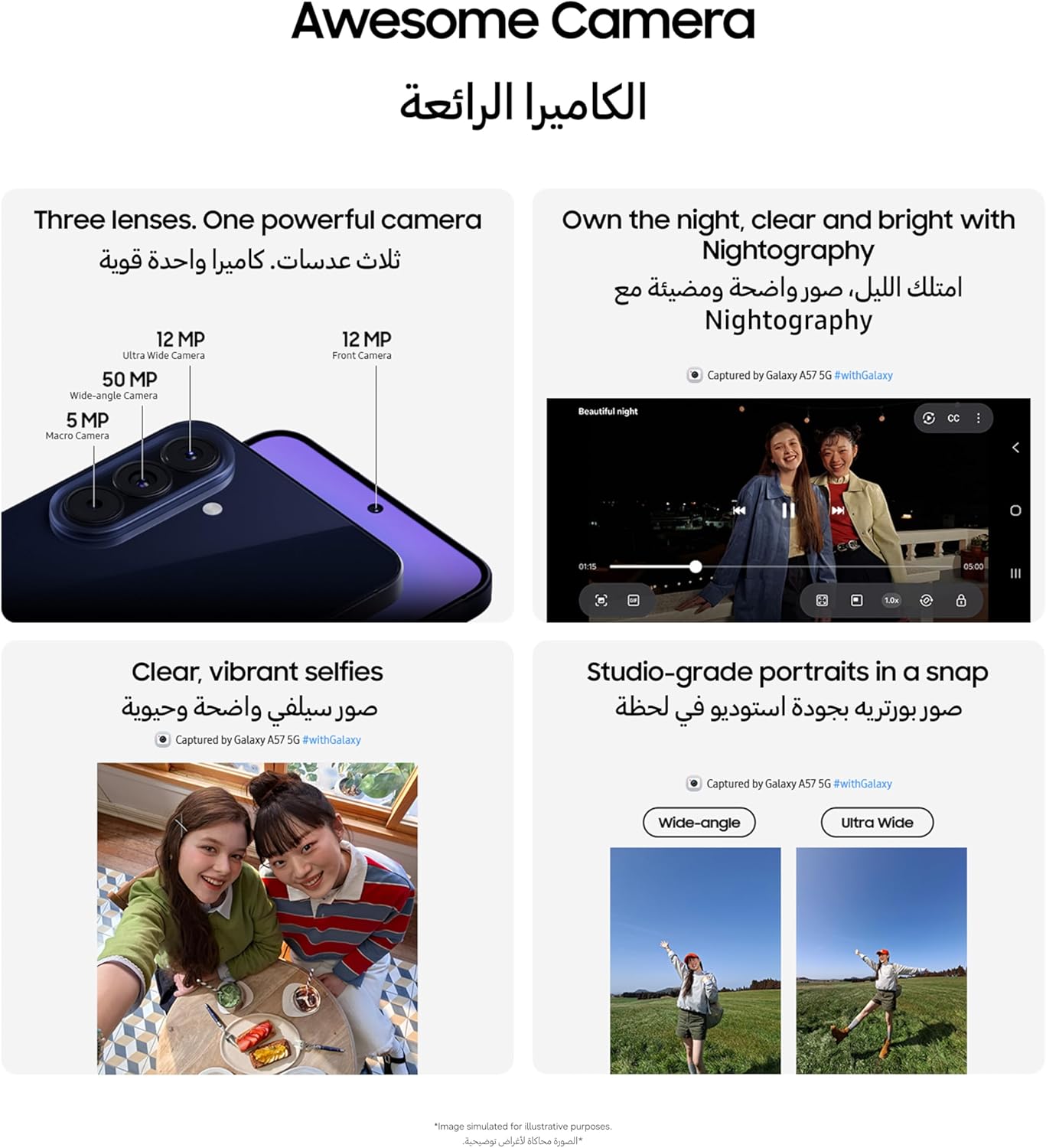 Android smartphone feature graphic highlighting triple-lens camera and night photography
