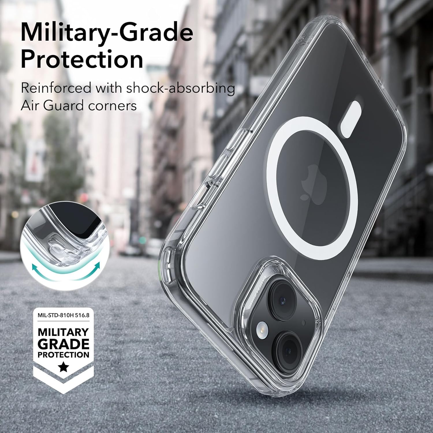 Clear iPhone 15 MagSafe case with reinforced corner design and raised screen protection