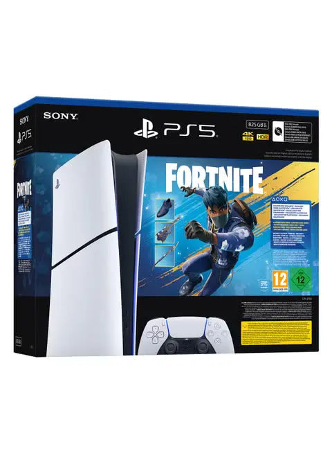Fortnite-themed PlayStation 5 Slim digital console box with console and controller art
