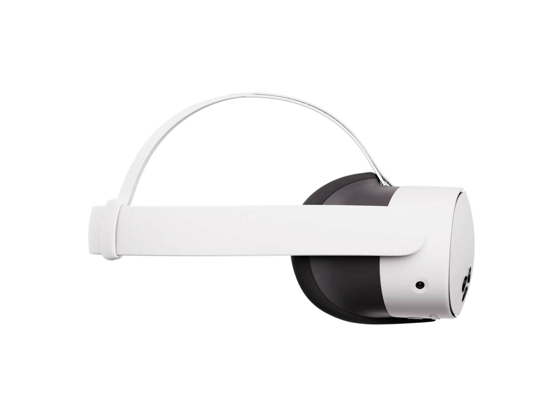 White VR headset with head strap and side control surfaces, side view