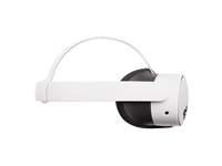 White VR headset with head strap and side control surfaces, side view