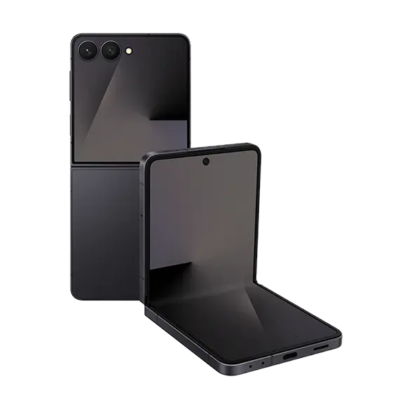 Jet Black foldable smartphone, rear and open front display visible